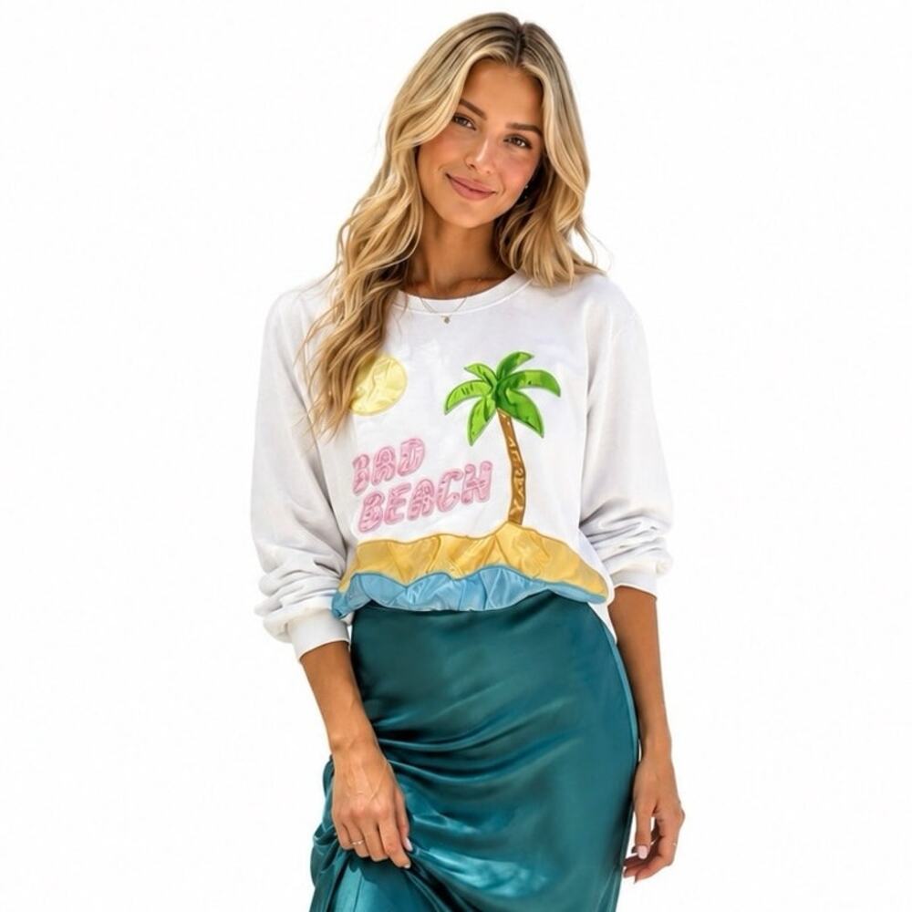 LOCAL HEROS White Long Sleeve Crewneck Bad Beach Tropical Pullover Sweater sz S